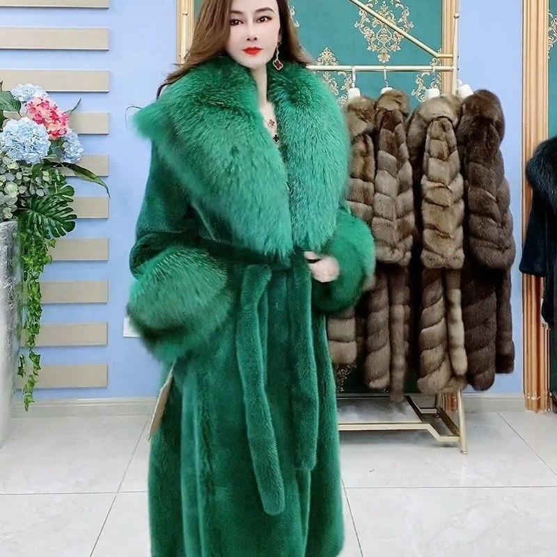 Autumn and Winter Imitation Mink Coat Fur Coat Women's Long Fur Coat Imitation Fox Fur Collar Large Size Cotton Clothes