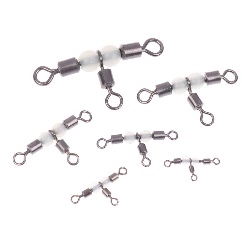 10Pieces Stainless Steel T-Turn 3 Way Fishing Connector Rolling Swivel Fishing Tackle Connector Luminous Beads Attract Fish