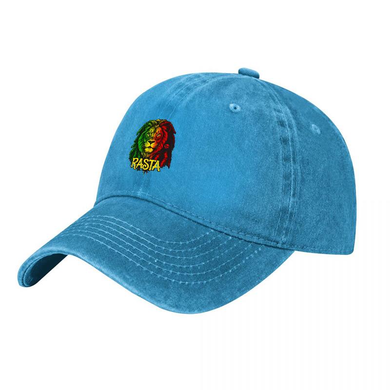 Rasta Lion Embroidered Washed Canvas Baseball Cap Classic Black Adjustable Hat with Reggae Colors