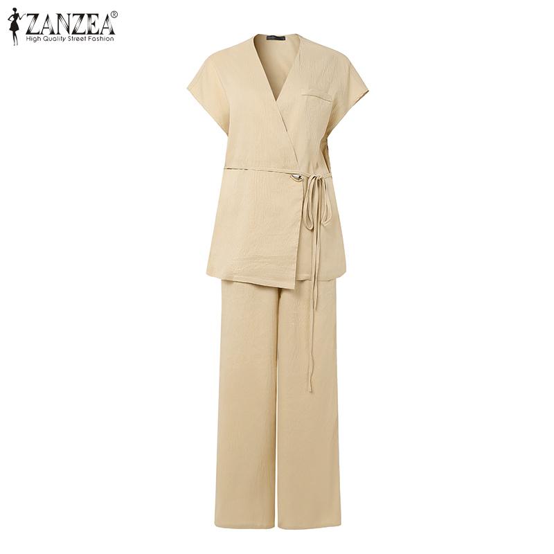 

ZANZEA Женские элегантные комплекты Топы без рукавов с перекрестной шнуровкой спереди Длинные брюки Повседневные костюмы XL хаки