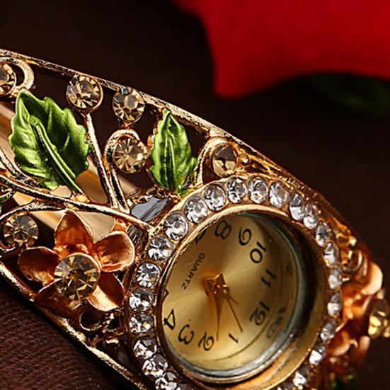 Women Flower Bangle Watch Rhinestone Round Dial Quartz Movement Classic Casual Formal Dress Wide Bangle Wristwatch Fashion Jewelry