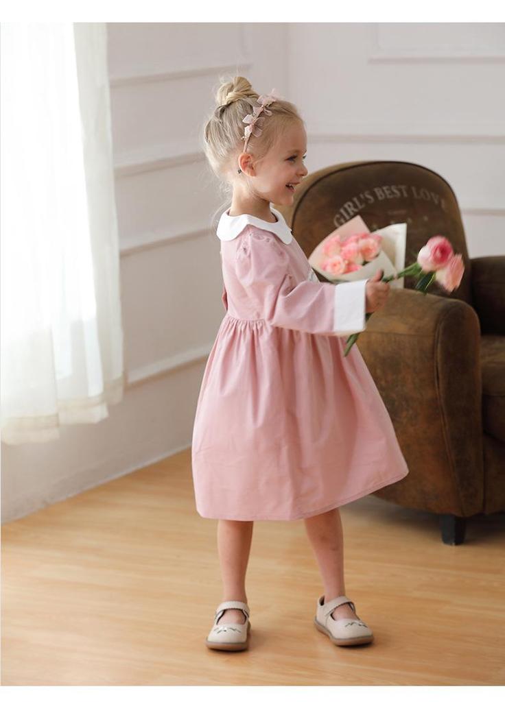 Frühling 2026 Mädchen Langarm Kleid mit Puppenkragen: Französisches Rattan, Florale Stickerei, Colorblocking, Reine Baumwolle, Süßer Prinzessinnen-Stil