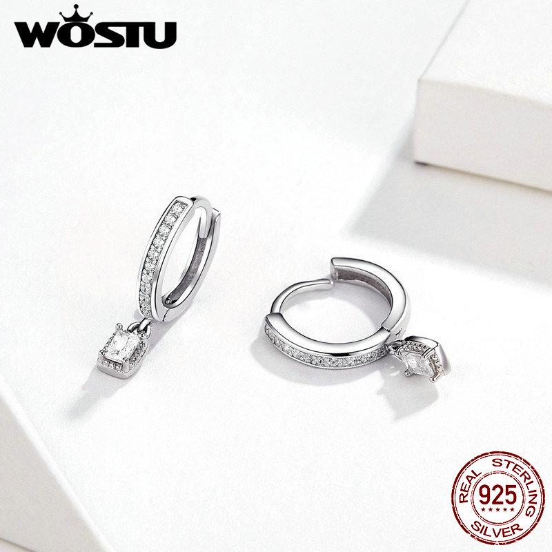 WOSTU Hot Sale 100% 925 Sterling Silver Circle Dangle Clear Zircon Earrings For Women Korean Style Wedding Fine Jewelry CTE157