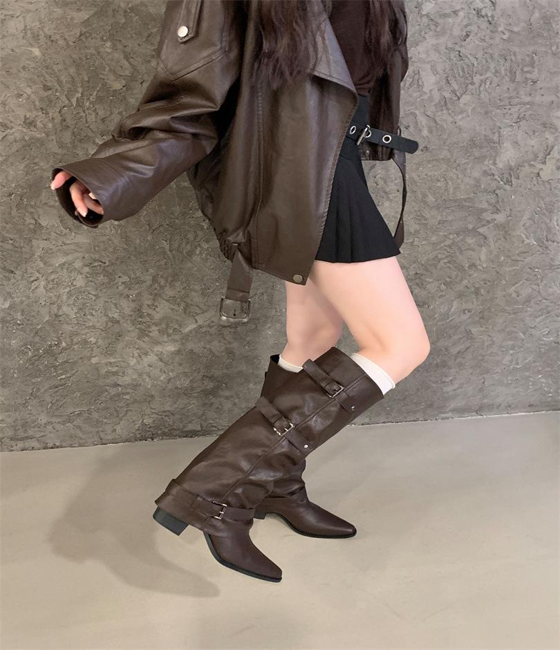 

Thick-soled thick-heeled belt buckle pleated medium and high boots for women s 2025 autumn new pants Martin boots Western cowboy long 39 темно-коричневого