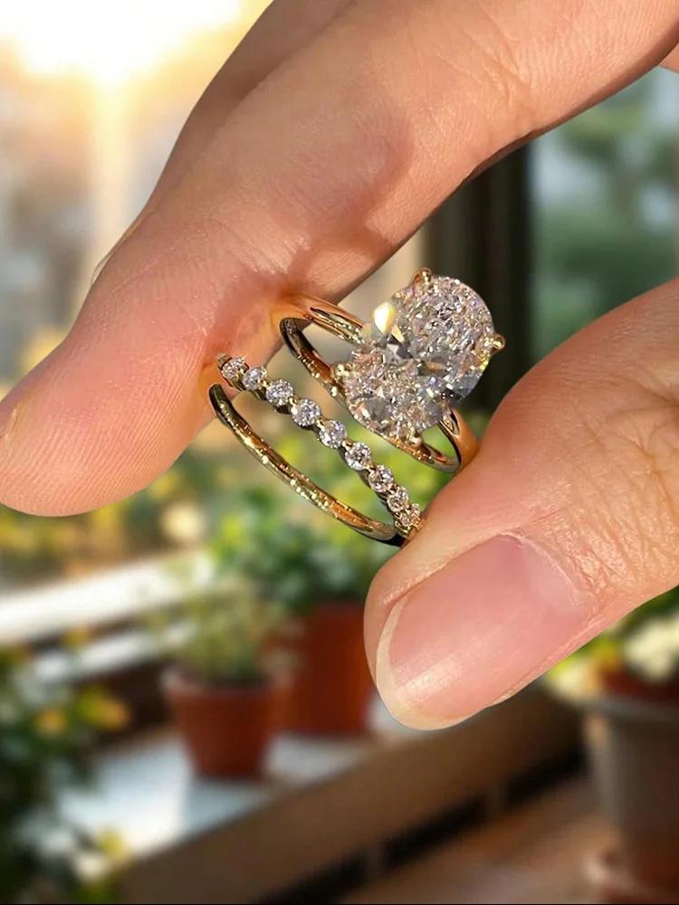 925 Silver Fashion Plain Oval Zircon Stackable Set Ring For Women Anniversary Wedding Luxury High Quality Fine Jewelry