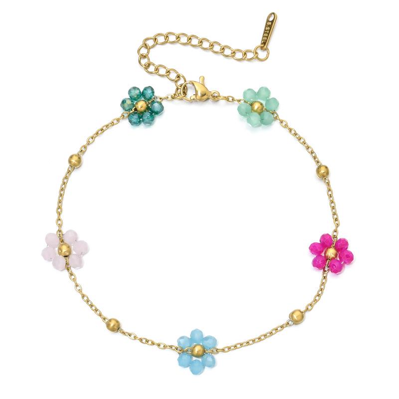 Elegant Crystal Flower O-Bead Chain Bracelet Necklace In Stainless Steel
