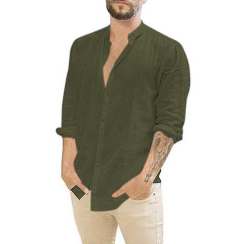 Camicia Casual da Uomo S Vintage a Collo Alto a Manica Lunga Monocolore
