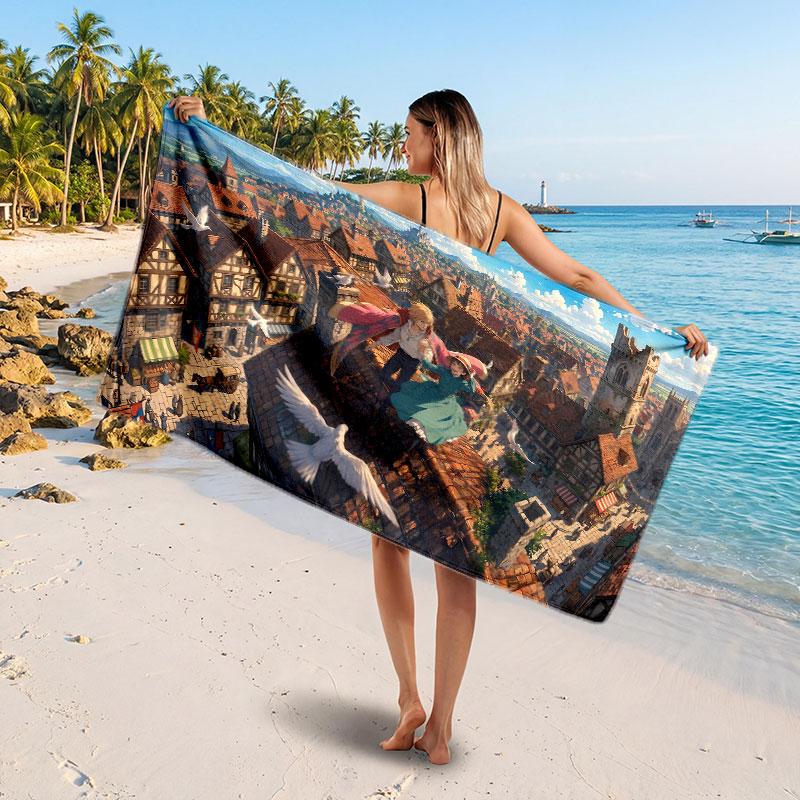 Large Beach TowelHowl's Moving Castle Soft Absorbent Towel Beach Bath Home Use