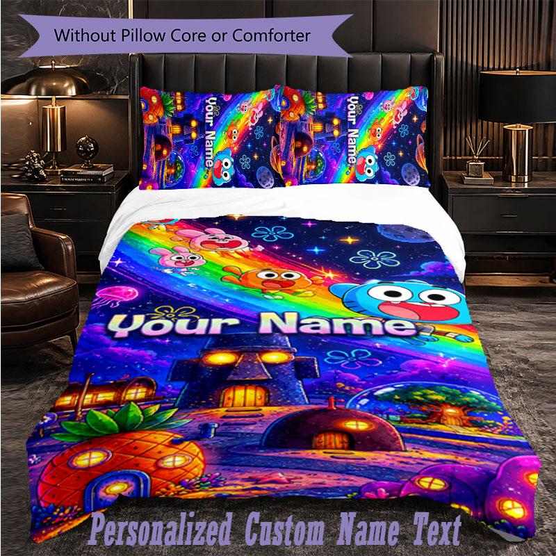 Personalized 3Pcs Bedding SetAmazing World of Gumball Custom Text Duvet Cover Pillowcase Set Bedroom Gift