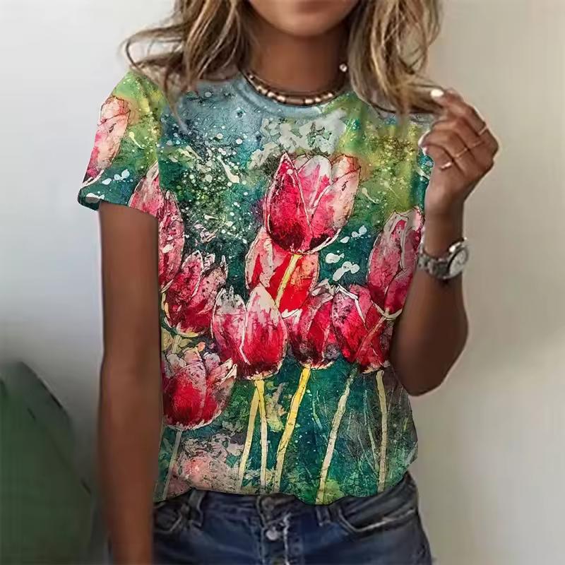 3D Printed Flower Plants T Shirt For Women Exquisite Graphic Short Sleeves Summer Street O-Neck Tees Tops Loose T-Shirts