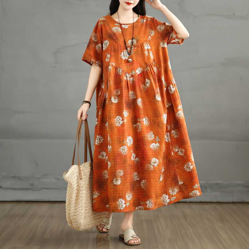 Summer Retro Cotton and Linen Round Neck Short Sleeved Dress, Women's Loose Letter Skirt