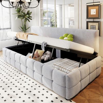 Upholstered Sofa Bed 90*200 Cm, Hydraulic Storage, Backrest Without Armrests, Checkered Pattern On Lower Edge, Single Bed, Velvet Fabric Light Grey