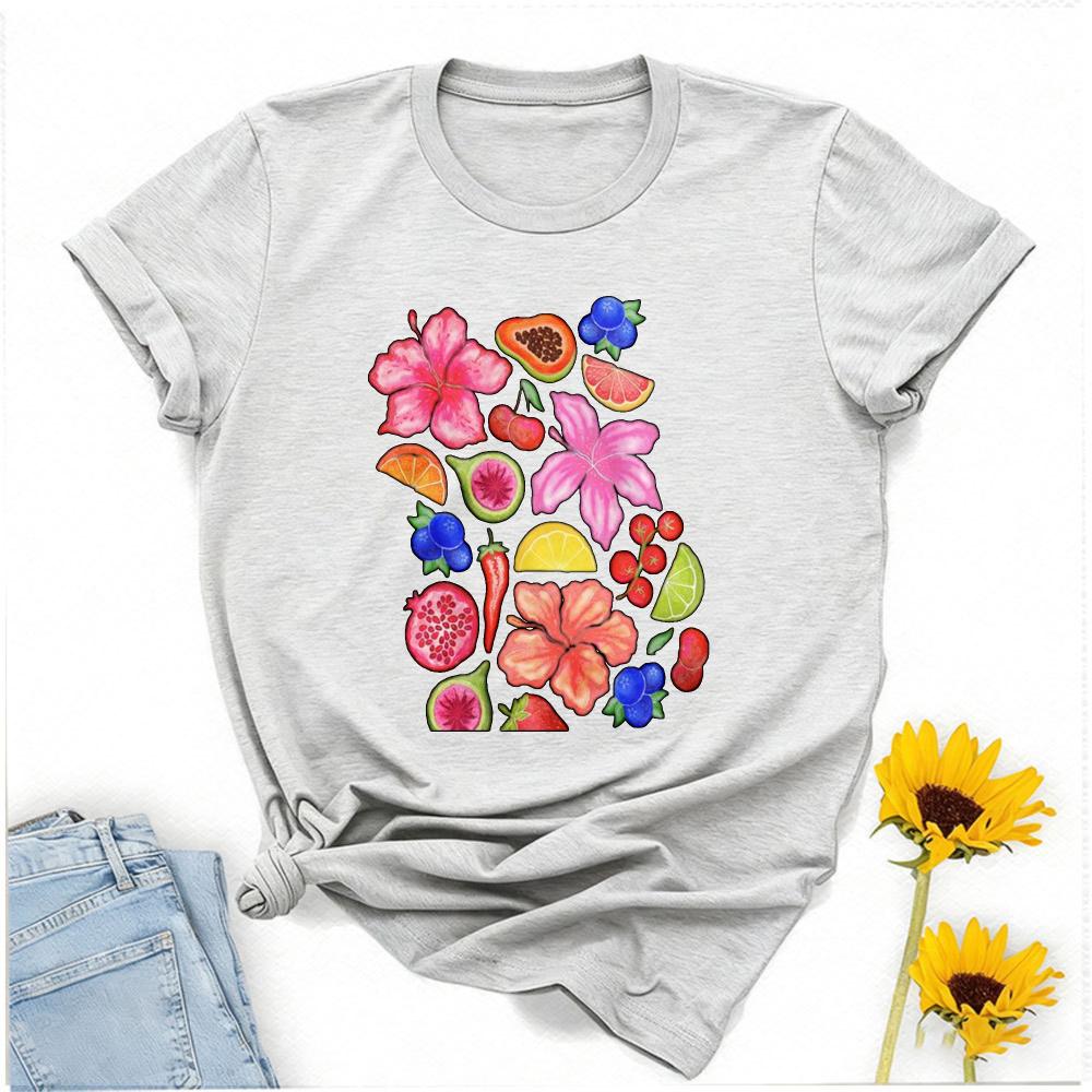 Exotic Tropical Fruit Floral Pattern Hibiscus Papaya Watermelon Lime Cherry Blueberry Chili Pepper White Crew Neck Short Sleeve