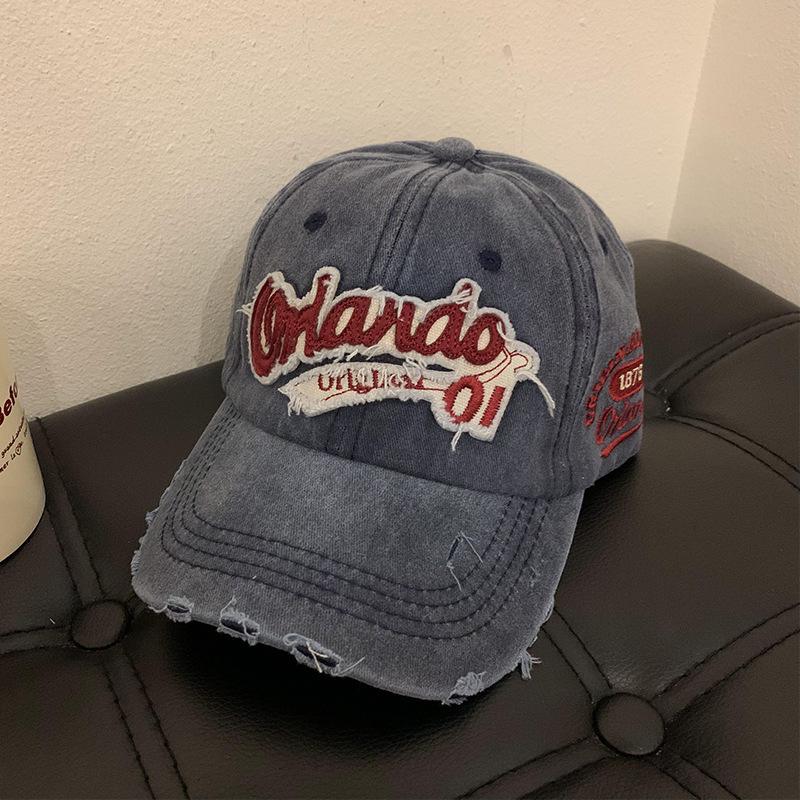 American Retro Old Baseball Cap Women's Big Head Wash Ripped Denim Wide Hat Brim Baseball Cap Showing Face Small Hat