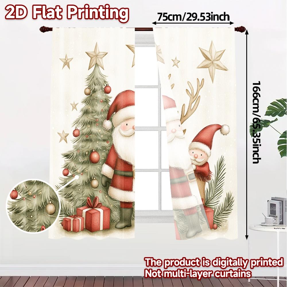 2pcs,Curtains Cute Christmas Santa Reindeer Tree Modern Light Filtering Curtains Durable Polyester Curtains Decorations For Home