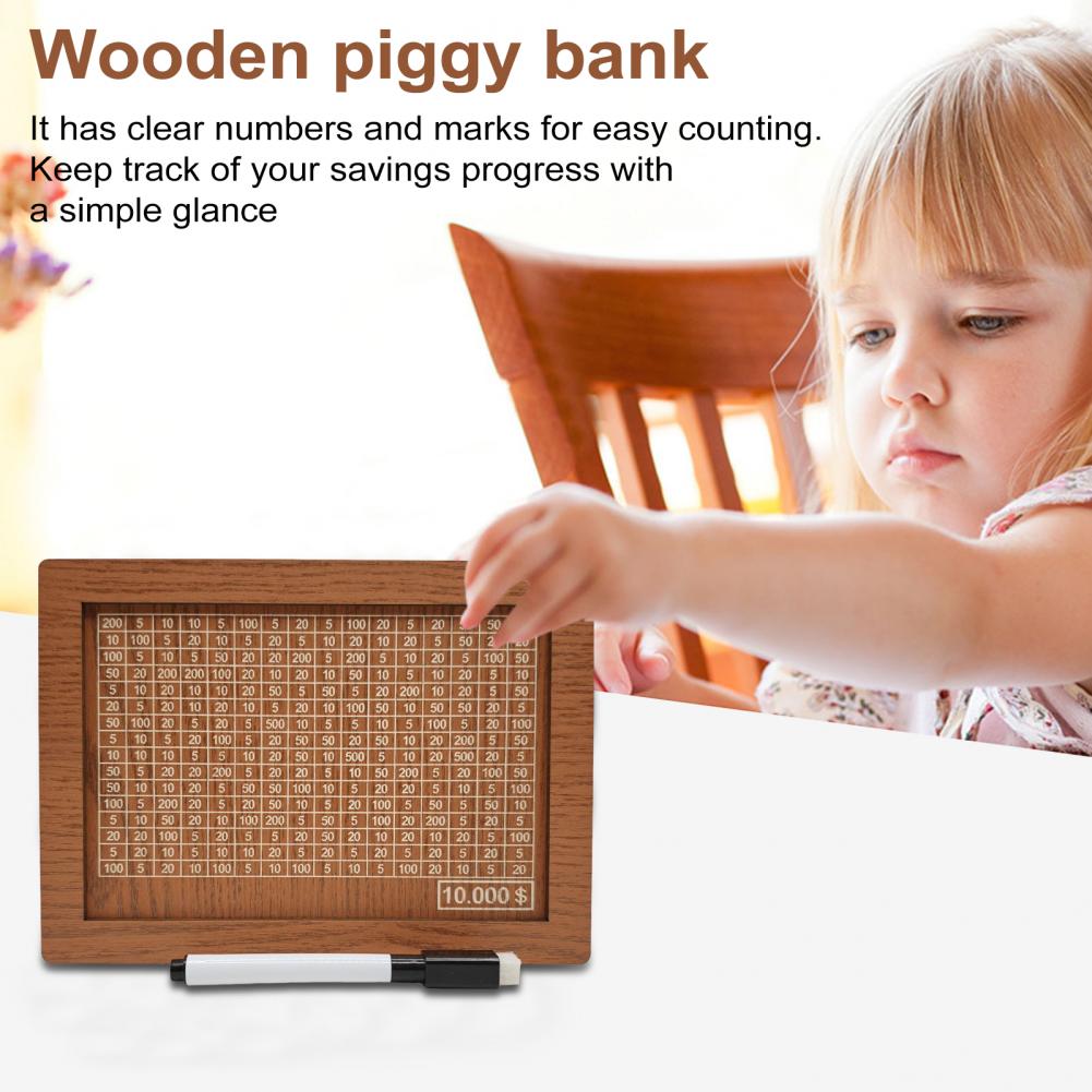 Wooden Money Box with Counter Marker Pen Vintage Piggy Bank Numbers Coin Cash Container Money Saving Challenges Box