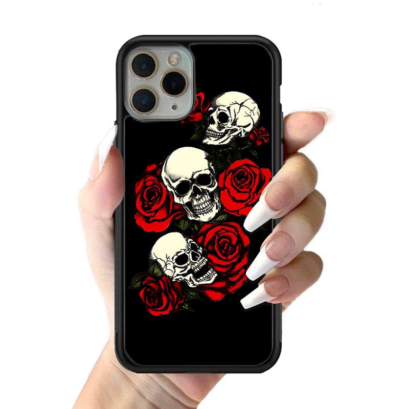 Skeleton Skull Flowers Phone Case Silicone PC+TPU Case for iPhone 11 12 13 Pro Max 8 7 6 Plus X SE XR Hard Fundas