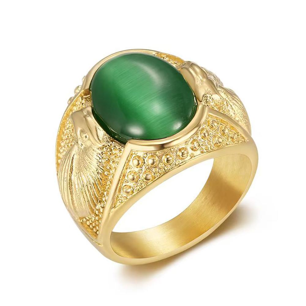 Vintage Classic Gold Color Stainless Steel Rings for Men Women Fashion Green/Black Stone Ring Biker Solid Finger Jewelry Gift