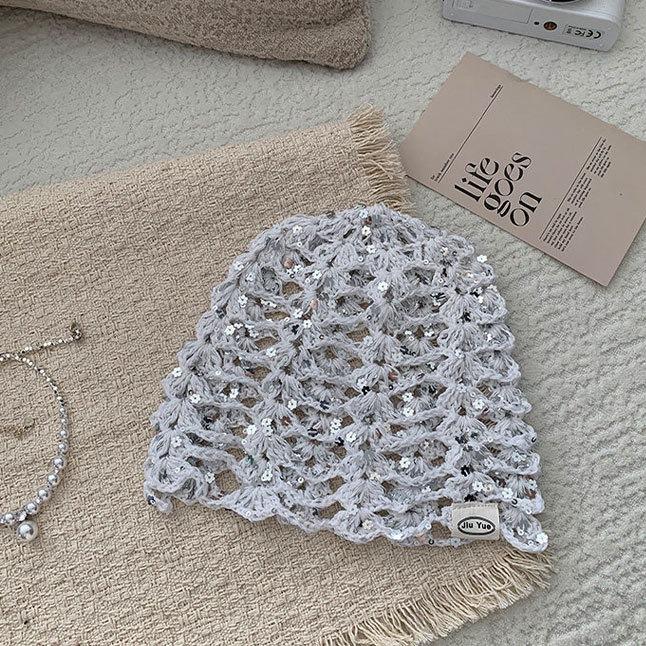 Erwachsenen-Badehaube Hohlbeutel Kopfhut Einfarbige Gestrickte Netzmütze Modische Pailletten Konkave Fischernetz-Kopfschalenhut