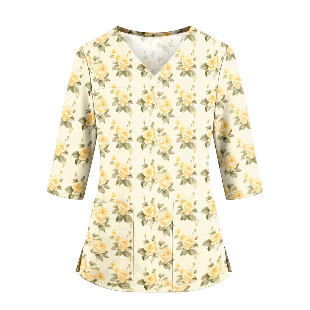 Women's Floral Print V-Neck Scrub Top with Pockets, 3/4 Sleeves and Side Slits for Uniform