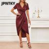JPNTKY Fashion Summer Spring Solid Color Print Short Sleeve V-Neck Casual Dresses