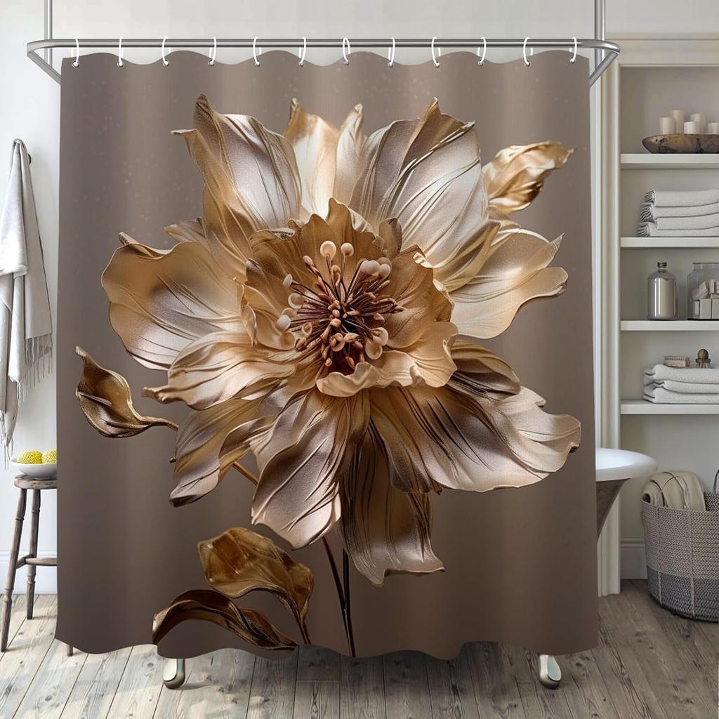 Brown Gold Floral Shower Curtain, Dark Grey Boho Abstract Design, Minimalist Waterproof Bathroom Decor with Hooks