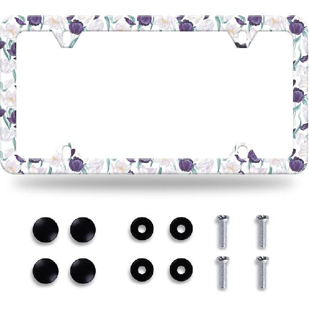 Colorful Flowers License Plate Frame Colorful Wildflower Floral License Plate Frames Stainless Steel Accessories Cars Decor With 4 Holes And Screws