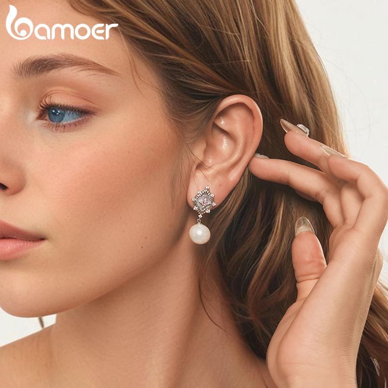 BAMOER Starlight Pink Shell Earrings for Women Trendy White Gold Plated Pearl Drop Dangle Earrings Wedding Party Daily Jewelry