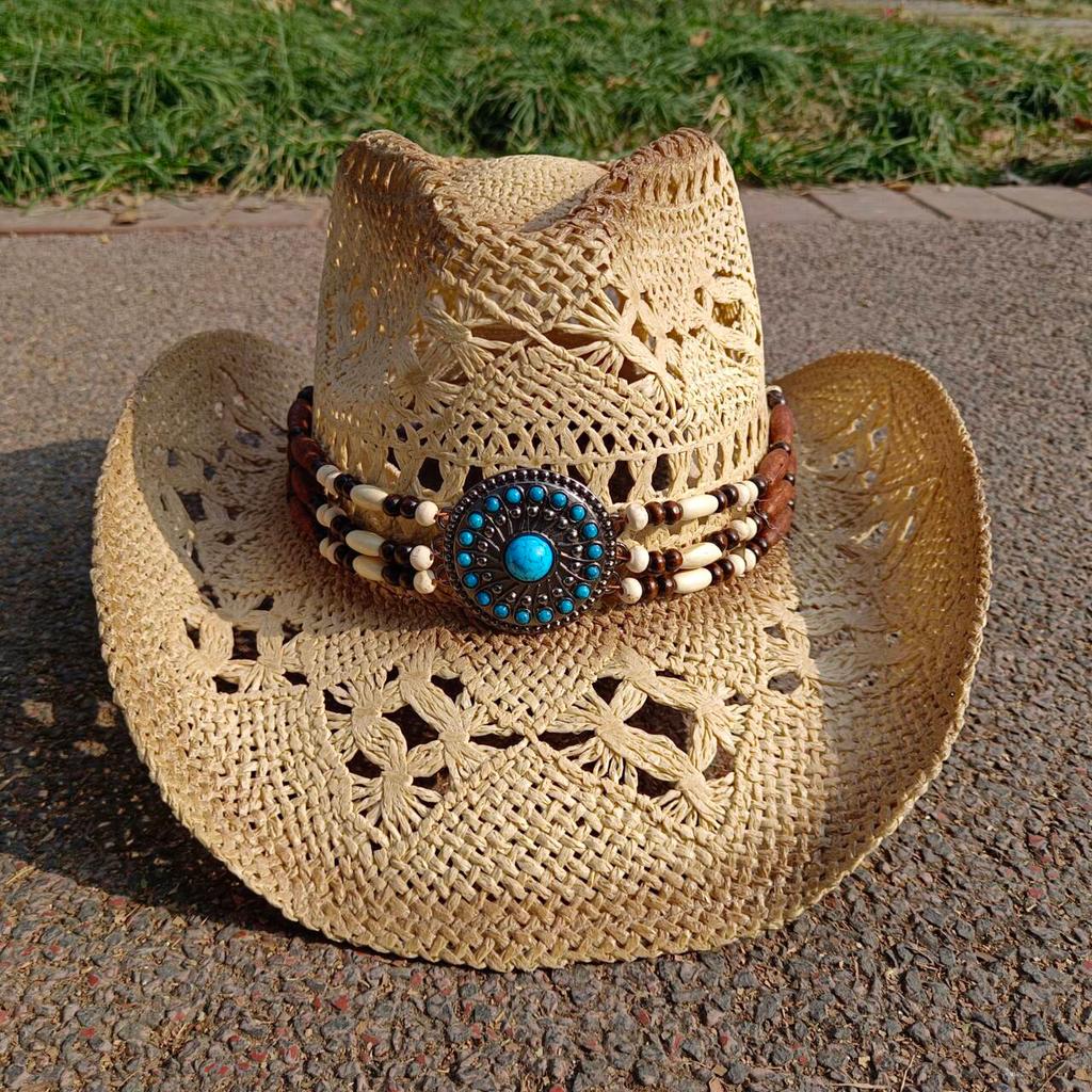 summer Cowboy Hat Summer Outdoor Travel Turquoise Accessories for Men and Women Retro Gentleman Western Cowboy Straw Hat