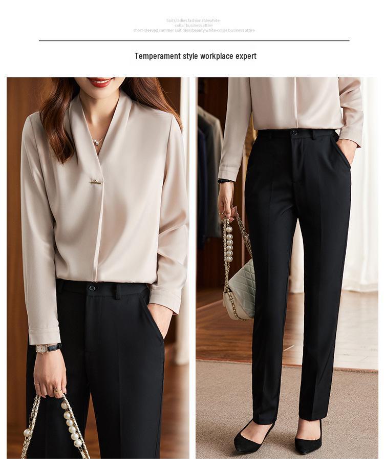 Women's V-Neck Chiffon Satin Shirt - High-End, Long-Sleeve, Anti-Wrinkle, Perfect for Spring and Autumn.
