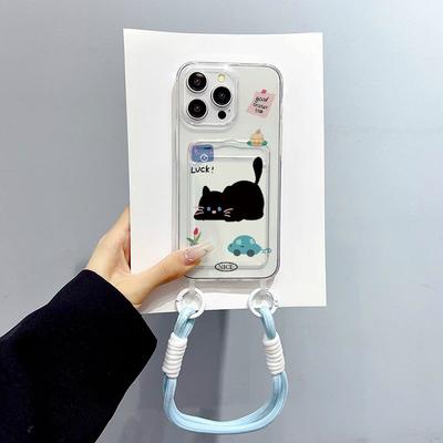 Pochette transparente pour cartes Chat Cartoon pour Coque IPhone 16 Promax 15 pour Apple 14 Coréen 13 Pro avec Cordon de suspension