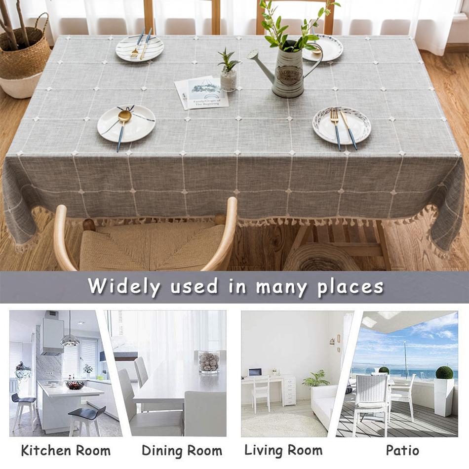 Linen Cotton Embroidery Lattice Tablecloth,Rectangular Dustproof Tassels Table Cover,for Kitchen Dinning Coffee Table Decoration