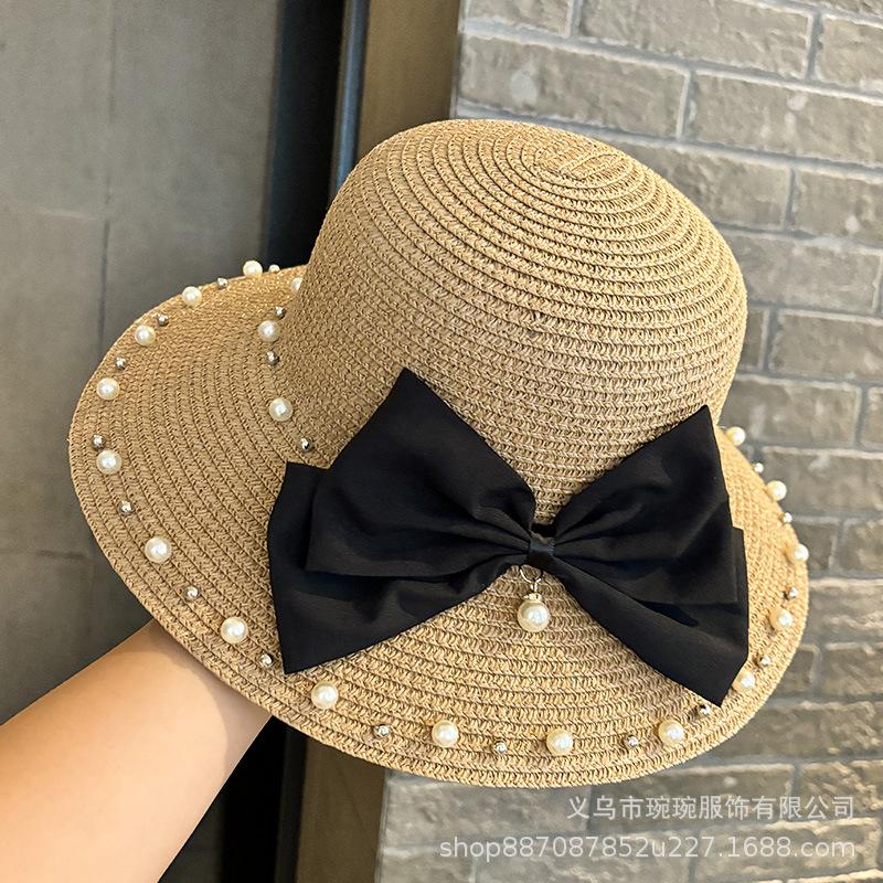 Summer Beach Travel Vacation Pearl Bow Straw Hat Women's Fashion Sunscreen Sun Hat Versatile Shade Beach Hat
