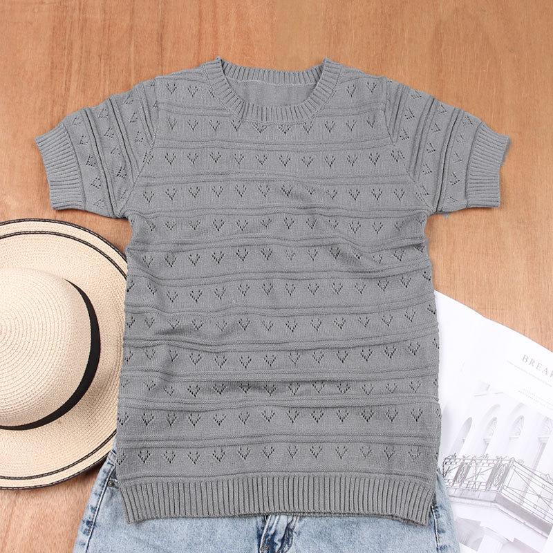 Dámský podzimní a zimní jednobarevný pletený volný svetr s kulatým výstřihem a krátkým rukávem