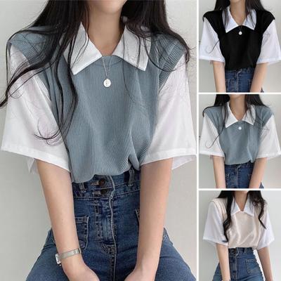 Klopa Krátký rukáv Volný střih Dámská halenka Preppy Styl Falešné dvoudílné tričko Streetwear
