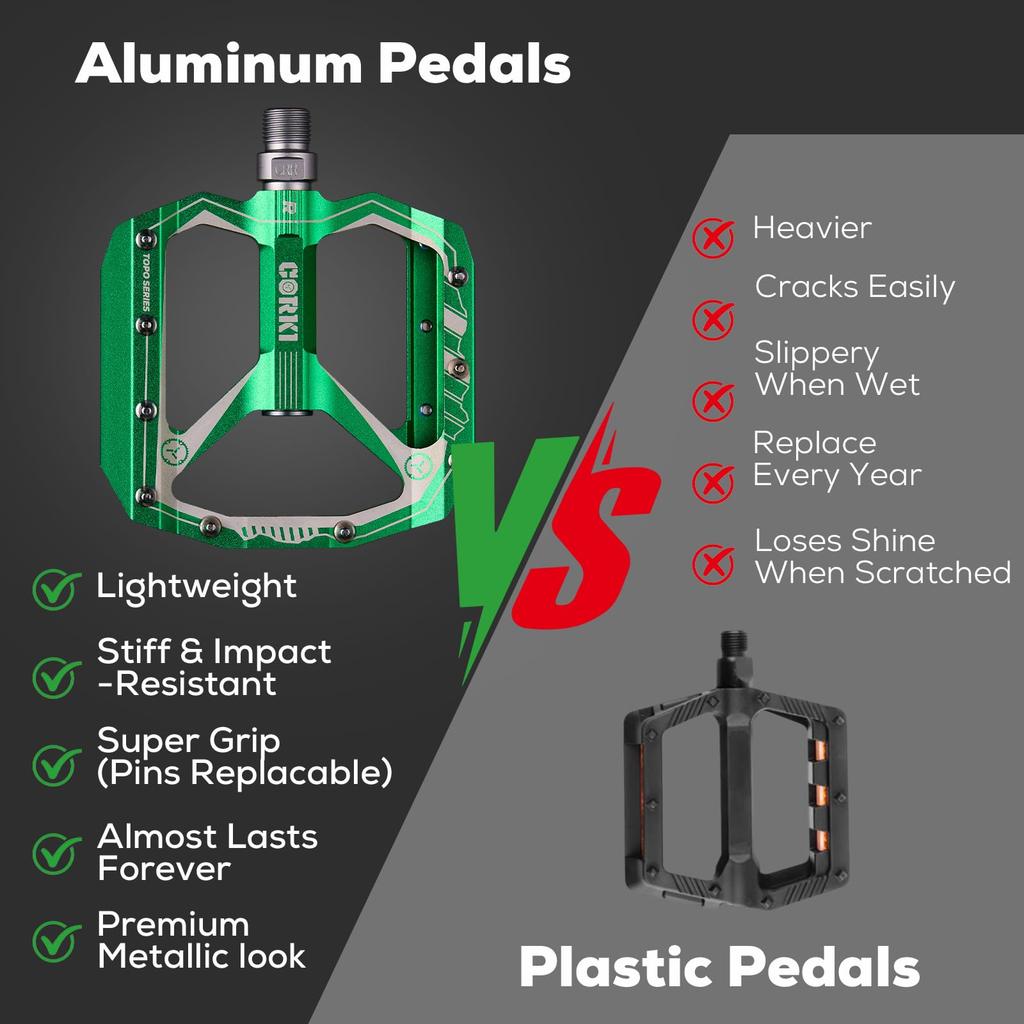 Corki Cycles Bicycle Extra Large Flat Mountain Bike Aluminum Alloy MTB Wide Platform Pedals Inch Green Pedals, Pedals, Pedals, 4-Inch - 9/16 -