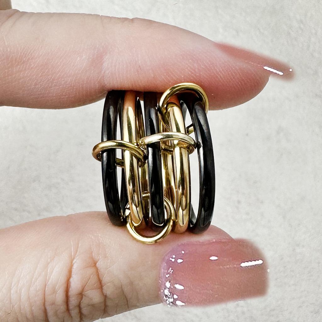 5PCS Black Gold Color Multiple Layers Rings Stackable Set Stainless Steel Interlocking Ring For Women INS Finger Jewelry Gifts