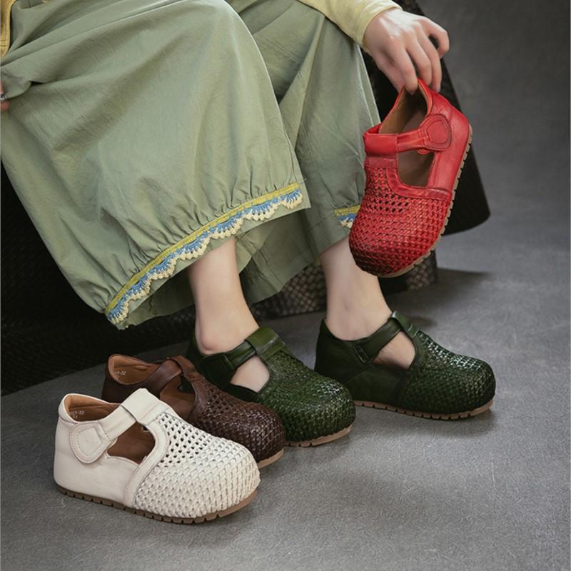 Johnature Genuine Leather Retro Woven Hollowed Out Height Increasing Sandals Comfortable Women's Shoes