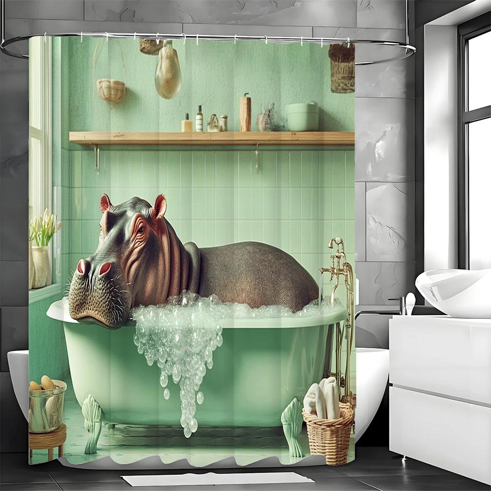 Fun Hippo Bathing in Tub Shower Curtain, Bathroom Decorative Shower Curtain, Waterproof Shower Curtain with Hooks