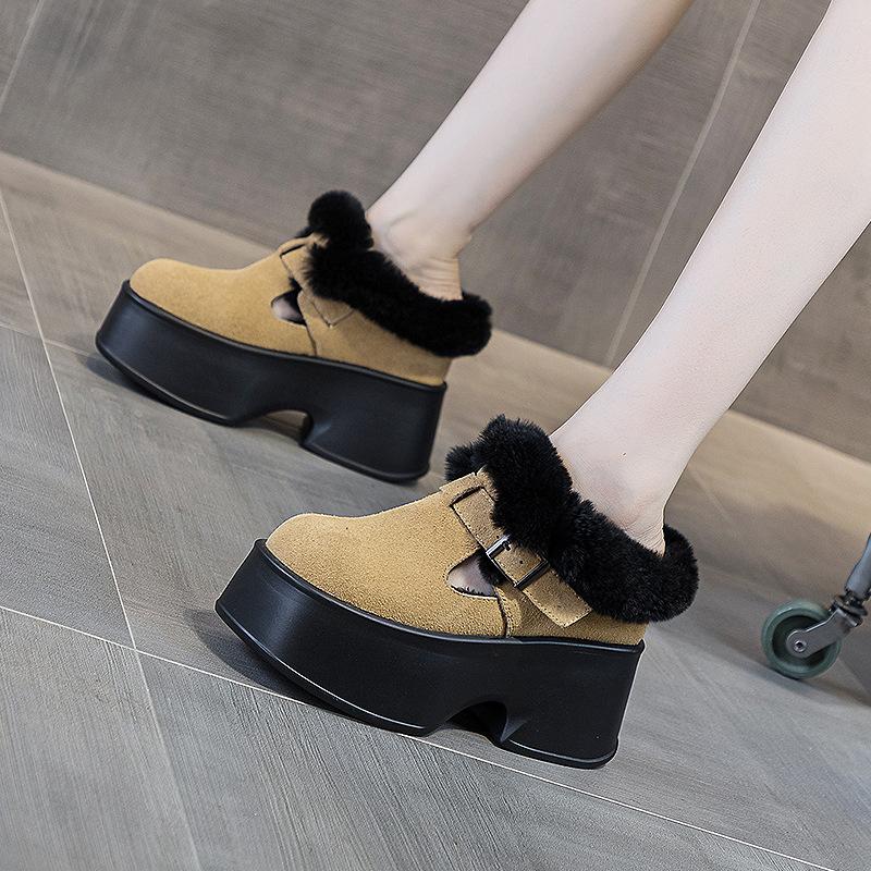 Thick-soled bag head half-support shoes autumn and winter new 2025 women's heightening fashion buckle versatile rabbit velvet cotton slippers trend