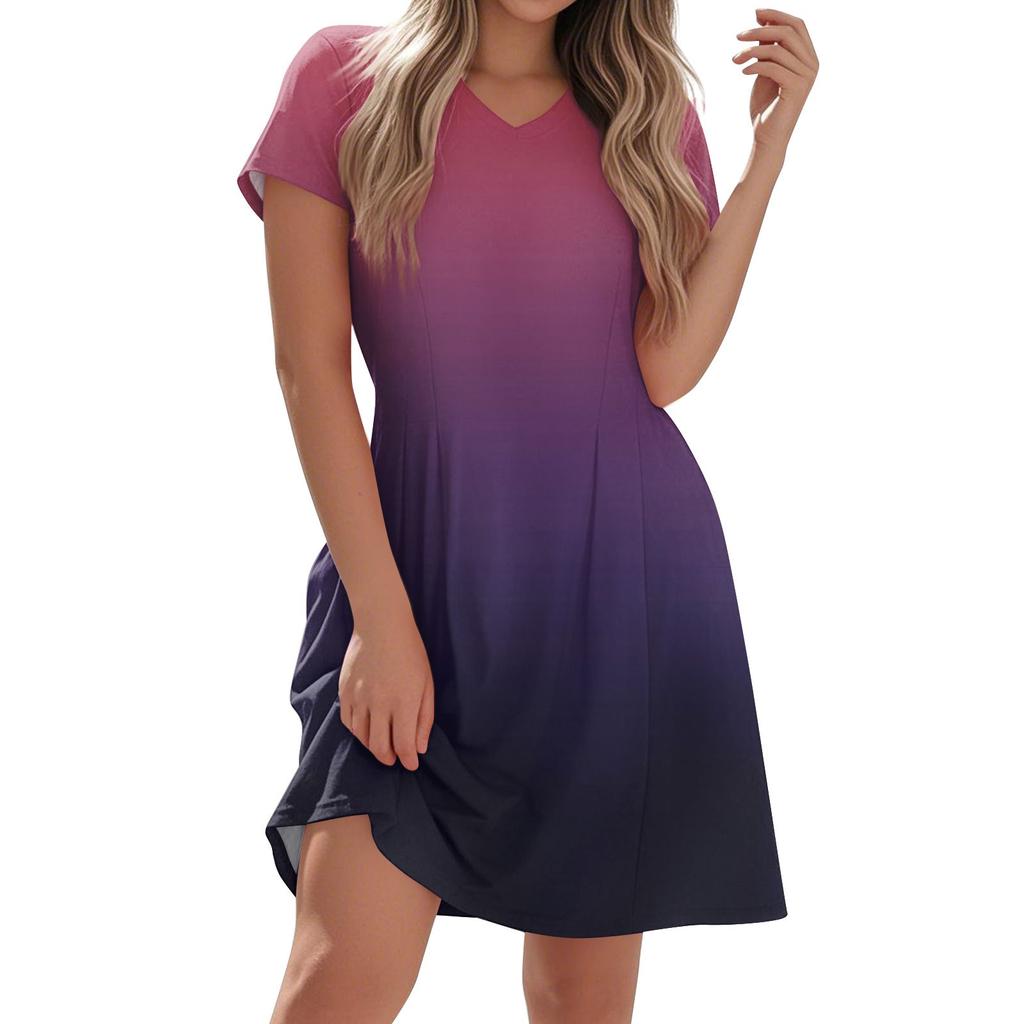 Women's Fashion Casual Short-sleeved V-neck Gradual Print Home Holiday Casual Dress