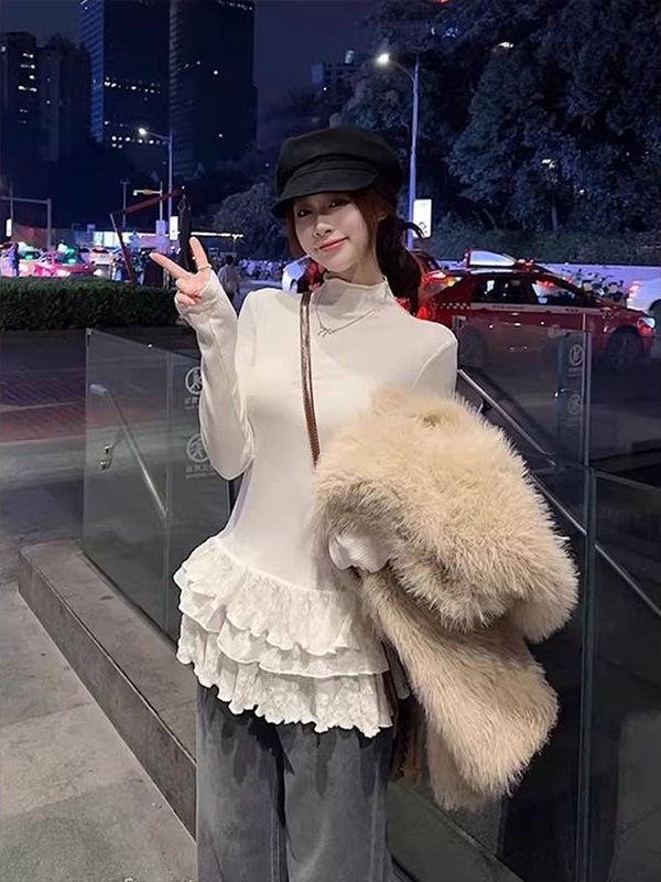Ballet-Inspired Lace Trim Long Sleeve T-shirt for Women - Half High Collar, Slim Fit, Autumn/Winter Versatile Top