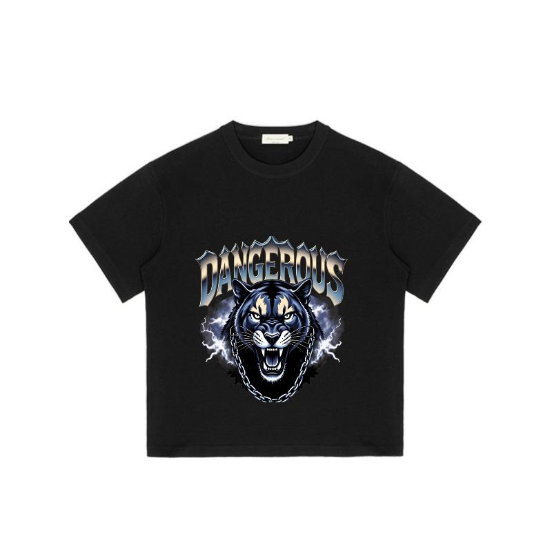 Schwarzes T-Shirt Mit Panther Und Gefährlicher Textgrafik Für Freizeitkleidung