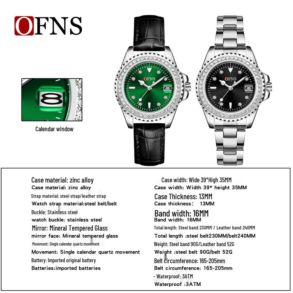 OFNS Women's Casual Luxury Quartz Watch with Calendar and Diamond Accents