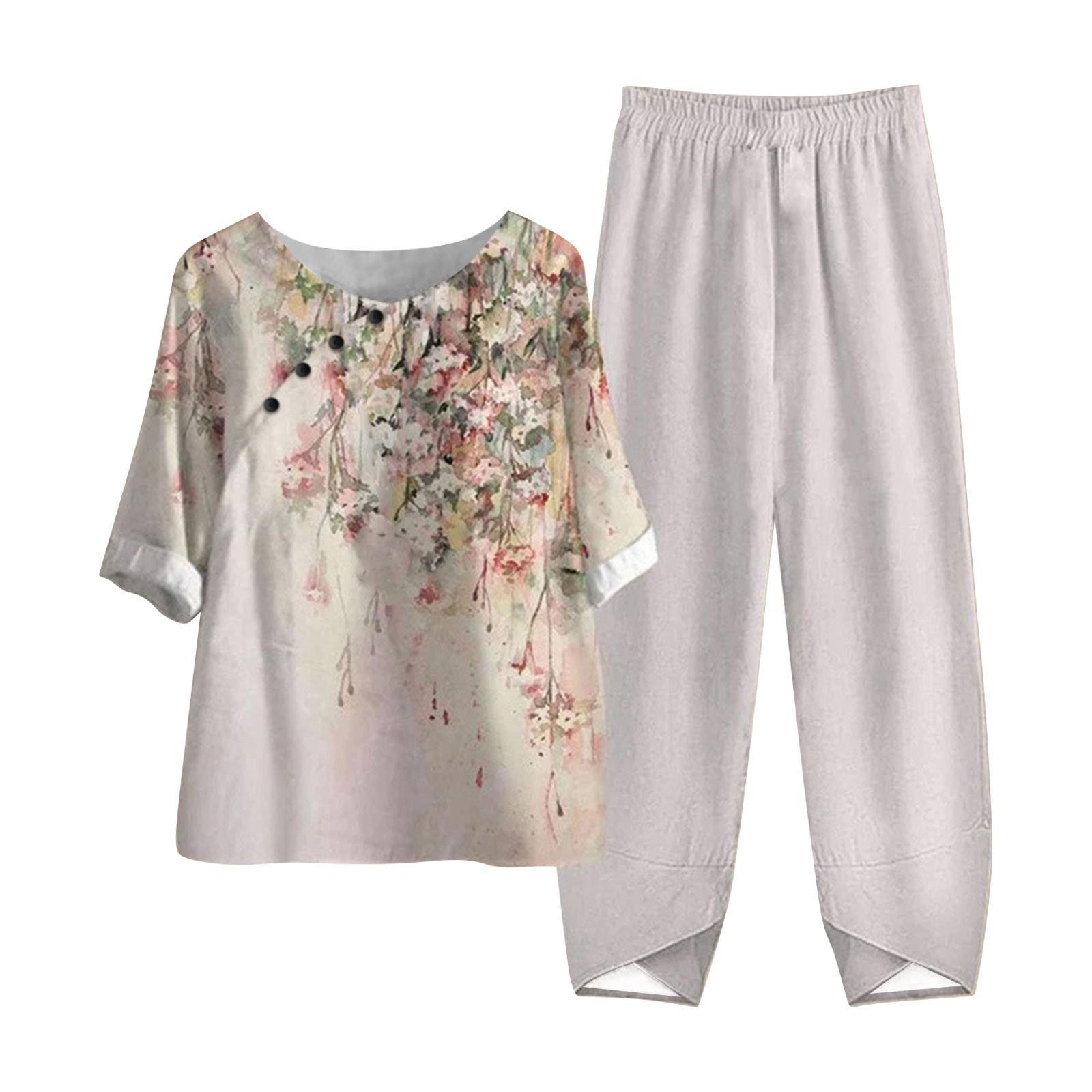 

(SU)Женские летние топы с короткими рукавами и принтом, эластичная талия, брюки из девяти предметов, комплект из двух предметов