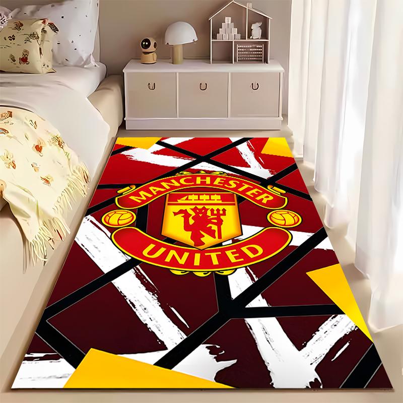 Sports Area Rug, Manchester United Red Black Yellow Crest Geometric Poster, Fan Cave Decor, Non-Slip Mat