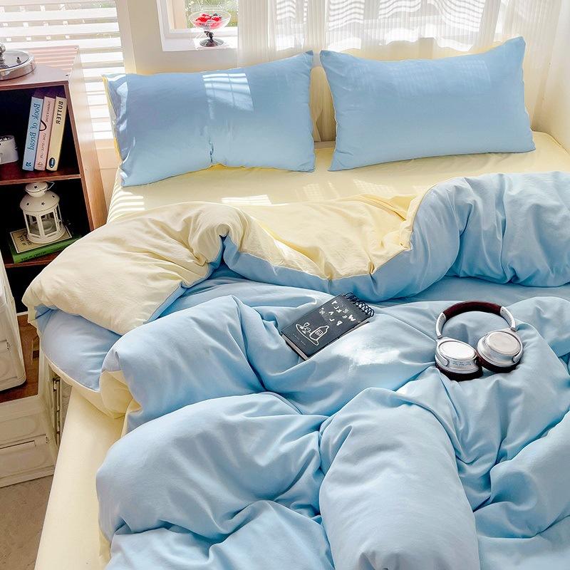 Solid Color Spliced Washed Cotton Bedding Set Moisture Absorbing Breathable Bed Sheet Envelope Pillowcase Dust Proof Mattress Protective Cover
