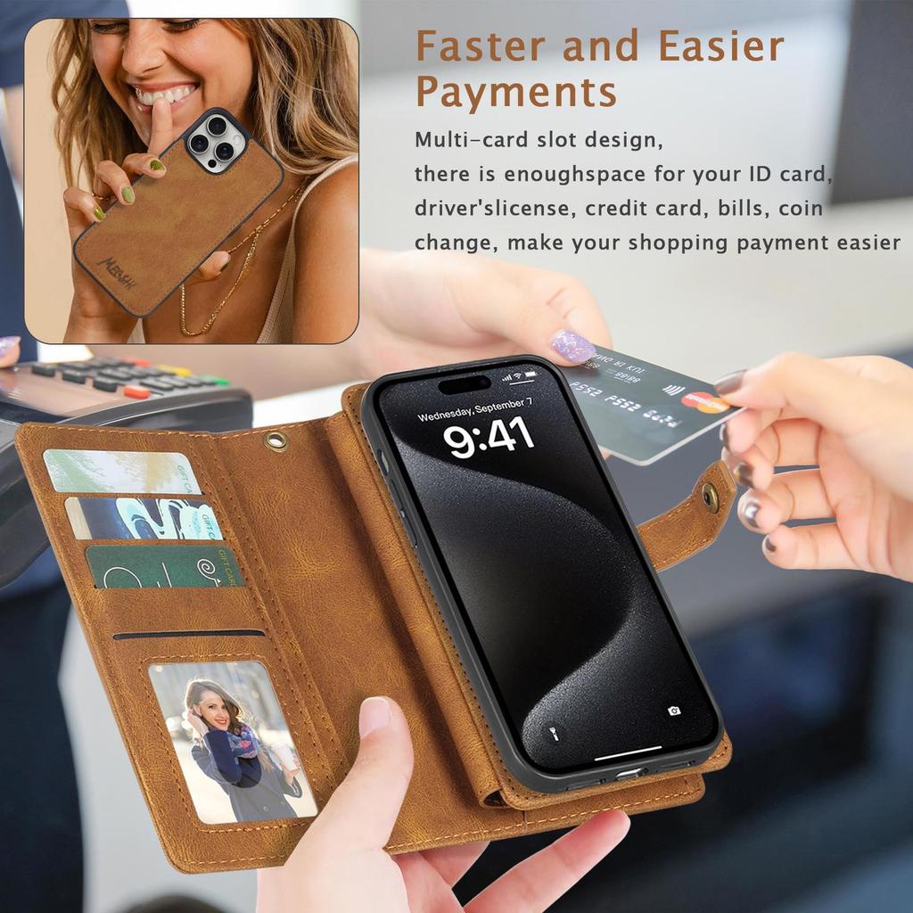 iPhone 16/15 Magnetic Leather Wallet Phone Case Cover
