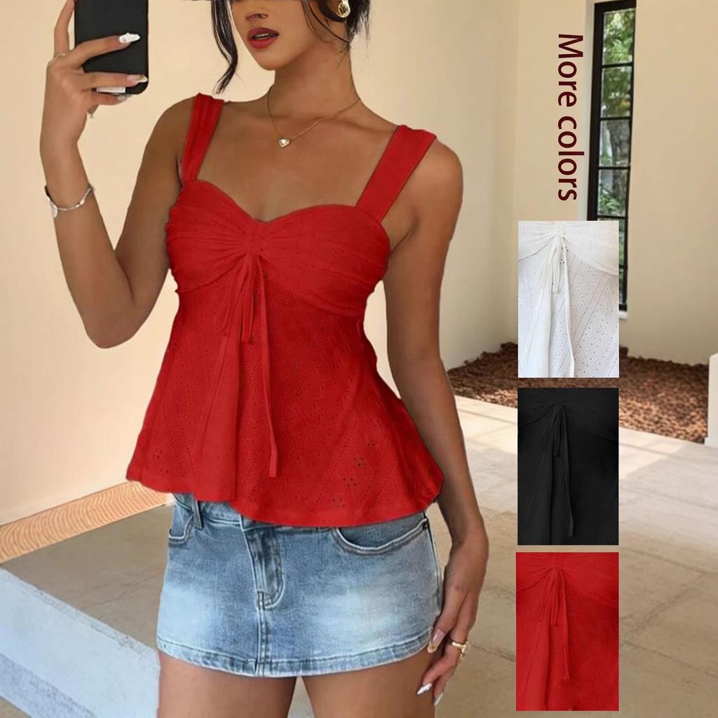 Women's Eyelet Knotted Bust Wide Strap Peplum Cami Top Sexy Solid Color Sleeveless Tank Top