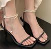 Fashion 2025 Sexy Pearl Chain Strip Decoration Women's Sandals Open Toe High Heels Sandals Summer Ankle Strap Party Shoes Women